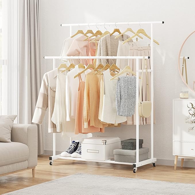 Calmootey Double Rod Clothing Garment Rack,Rolling Hanging Clothes Rack,Portable Clothes Organizer for Bedroom,Living Room,Clothing Store,White