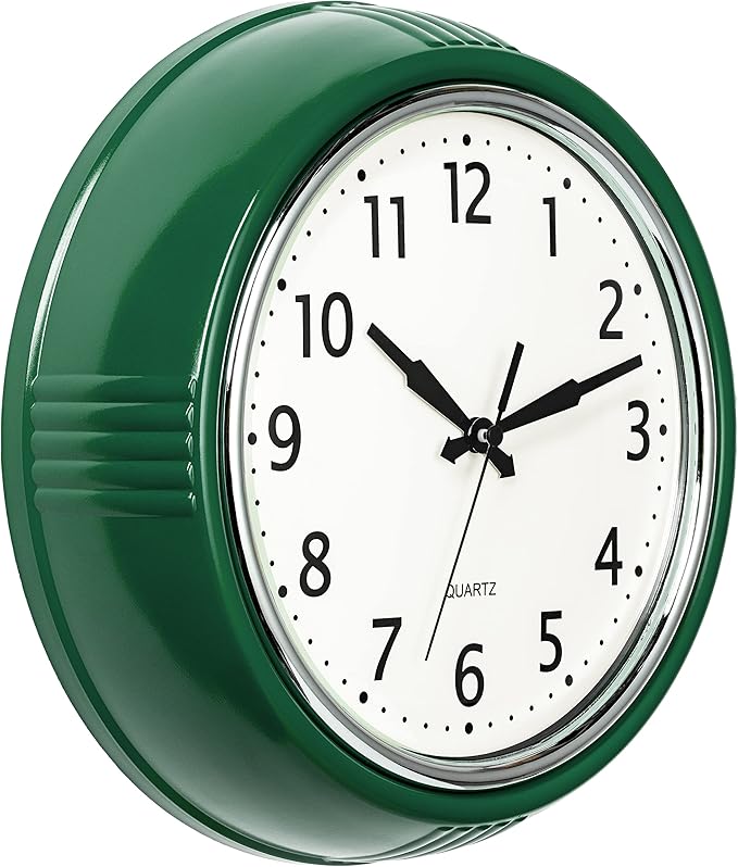 Bernhard Products Retro Wall Clock 9.5 Inch Hunter Green Kitchen 50's Vintage Design Round Silent Non-Ticking Quartz Battery Operated Clocks for Home Office School Classroom Kids Bedroom Living Room