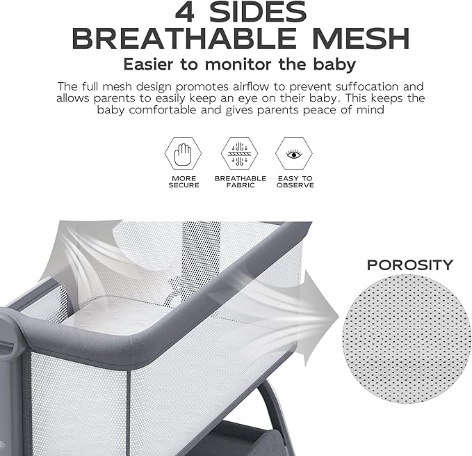 BabyBond Baby Bassinet, 3 in 1 Bassinet Bedside Sleeper with Washable Soft Mattress and Sheet, 6 Height Adjustable Bedside Crib, 4-Sided Mesh Bedside Bassinet for Baby