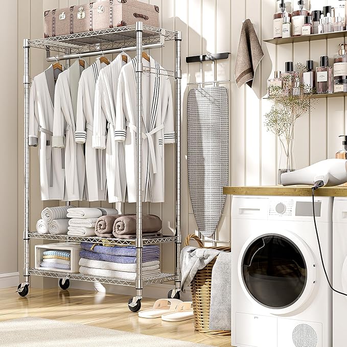 Heavy Duty Rolling Garment Rack 3 Tiers Adjustable Wire Shelving Clothes Rack with Rods and Side Hooks,Storage Closet Clothing Rack with Wheels Chrome 15.7" D x 29.5" W x 74.5" H