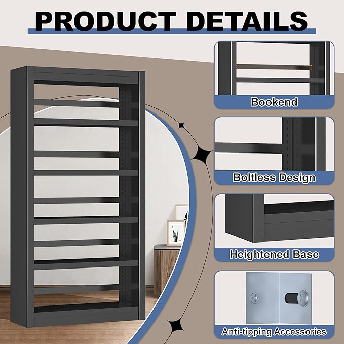 61" Metal Bookshelf and Bookcase | 5-Tier Adjustable Shelves, Deep Modern Storage Shelf for Living Room, Office, Bedroom (Black)