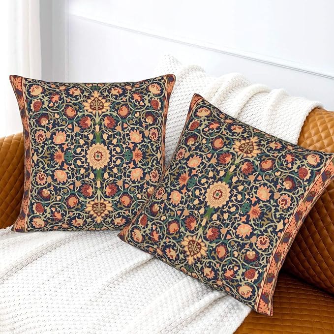 Boho Vintage Floral Throw Pillow Covers Set of 2 Burnt Orange Navy Flowers Plant Bohemian Pillowcases Cushion Case Square for Soft Home Decor Bed Couch Car Living Room 18x18 Inch