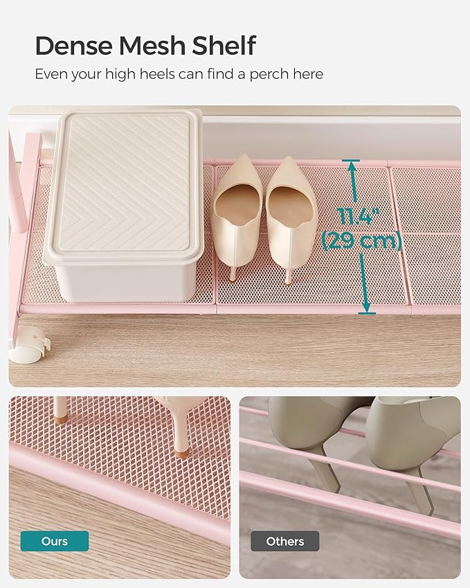 SONGMICS Clothes Rack with Wheels, Clothing Rack for Hanging Clothes, 25.4mm Metal Garment Rack with Dense Mesh Storage Shelf, 110 lb Load Capacity, 2 Brakes, Pink UHSR025P01