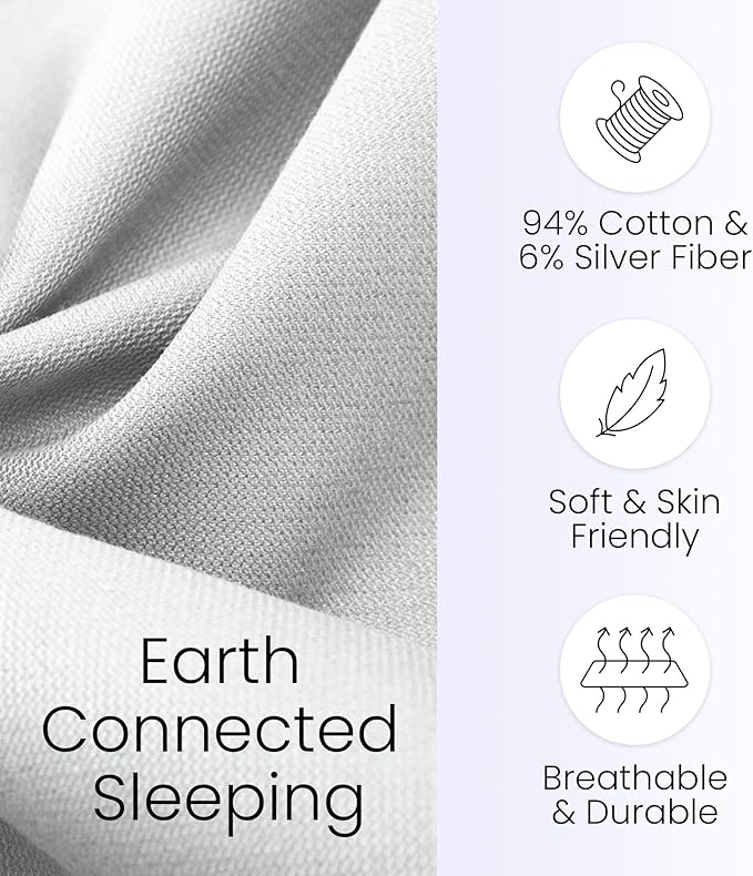 Hooga Grounding Sheet, Organic Fitted Grounded Sheet for Improved Sleep, Pain Relief - Earth Connected Bedding 78”x80”x15” King Size, Pure Silver Fiber and Cotton, Grounding Cord Included. Off White