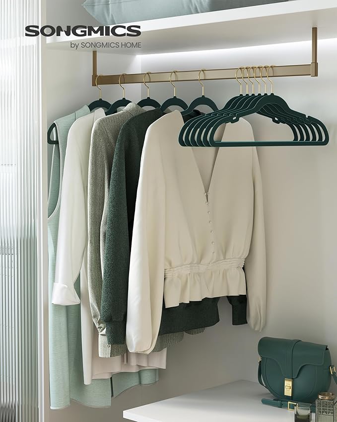 SONGMICS Velvet Hangers 50 Pack, Non-Slip Clothes Hangers, Suit Hangers with Shoulder Notches, Pants Bar, 360° Swivel Hook, Space-Saving, for Closet, Forest Green UCRF029C05