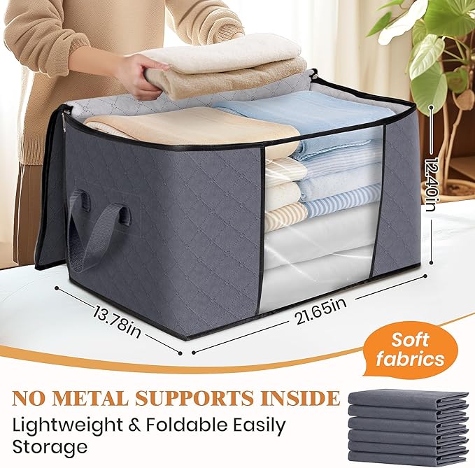 Fab totes 4 Pack Clothes Storage, Foldable Thick Fabric Blanket Storage Bags, Containers for Organizing Bedroom, Closet, Clothing, Comforter,Closet Organization with Handle,Grey