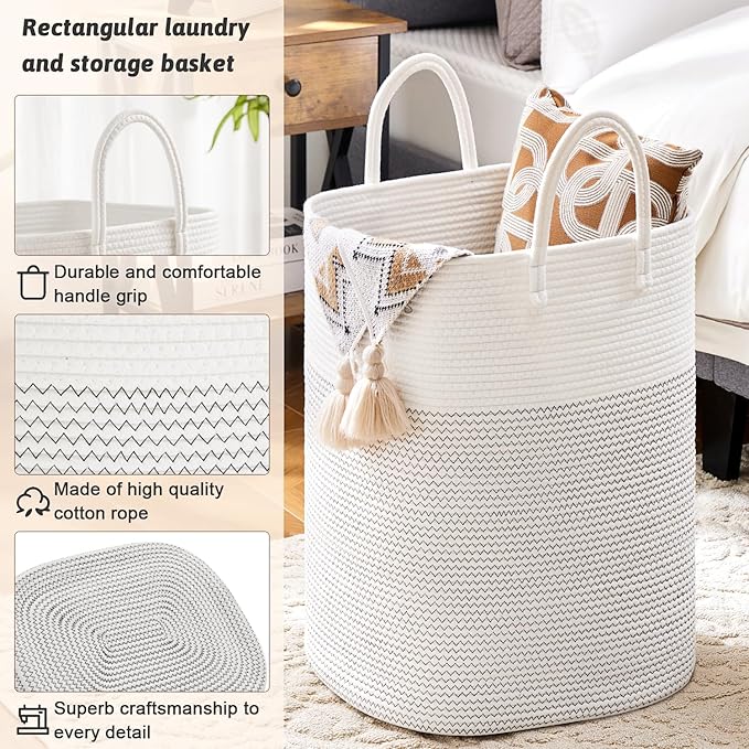 Laundry Basket,Woven Cotton Rope Laundry Hamper,Versatile Storage for Dirty Clothes,Baby Toys,and Blankets in Bathroom, Nursery,and Living Room (White, 60L)