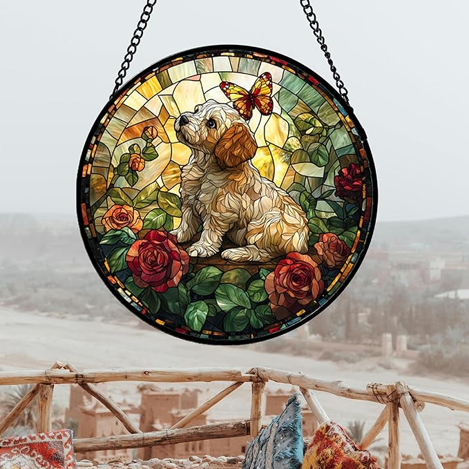 Stained Glass Window Hanging, Cute Dog and Flowers Suncatcher for Doors Home Butterfly Sun Catchers Decoration and Christmas, Mother's Day Birthday Gifts for Women, Men, and Mom 14.9x14.9 in