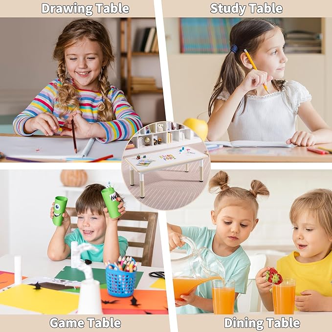 Adjustable Kids Table, Arts and Crafts Child Table with Graffiti Desktop, 7 Level Height Adjustable Children Table for Ages 3-8, Easy to Wipe Toddler Desk for Classrooms/Daycares/Homes
