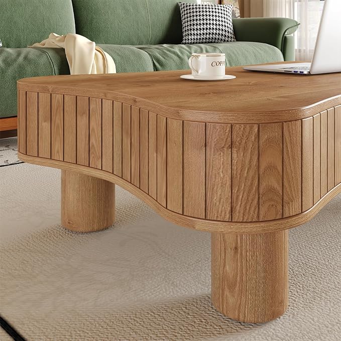 42.5'' Modern Lift Top Coffee Table for Living Room, Solid Wood Center Table, Fluted Panel Design, Storage Compartments, 42.5x27.2 Inch Surface, Hydraulic Lift Mechanism, Easy Assembly (Light Brown)