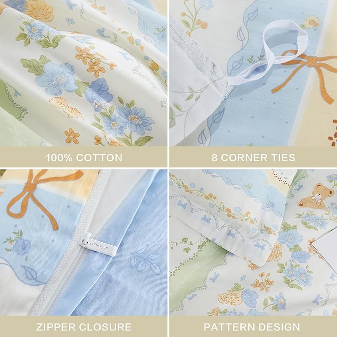 SAPHREAS Duvet Cover Set King Size 3pcs Cute Little Bear Blue Green Floral Bedding Comforter Cover Set 100% Cotton 1 Duvet Cover 104"x90" 2 Pillow Shams, Comforter Not Included