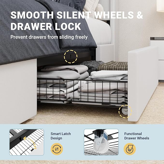 Allewie King Size Velvet Bed Frame with 3 Storage Drawers, Upholstered Platform Bed with Wingback Storage Headboard and USB Ports, No Box Spring Needed, Easy Assembly, White