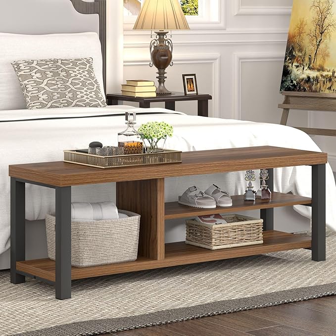 FOLUBAN Entryway Bench, Modern Wood Shoe Bench for Living Room Hallway, Industrial Indoor Shoe Storage Bench Seat, Rustic Walnut, 47 Inch