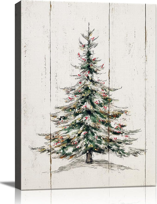 Retro Christmas Tree Canvas Wall Art - Vintage Pine Forest Framed Canvas Prints for Farmhouse Living Room, Rustic Christmas Wall Decor, Cozy Winter Decor & Ideal Christmas Gifts