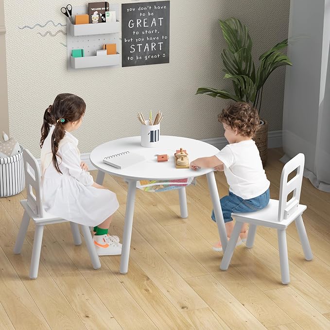 Costzon Kids Table and Chair Set, Wood Activity Table w/Center Mesh Storage, Children Furniture Gift for Boys & Girls, Ideal for Arts, Crafts, Snack Time, Homework, Toddler Table and Chairs, White