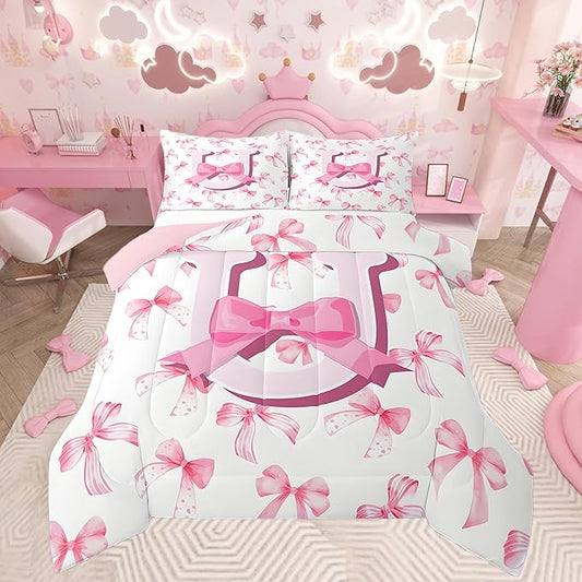 jejeloiu Kids Girls Cute Pink Bow Comforter Set King Size Monogrammed Bedding Set Ultra Soft Personalized Initial U Duvet Quilt Coquette Bow Knot Quilt Set Room Decor Modern Fashion Comforter