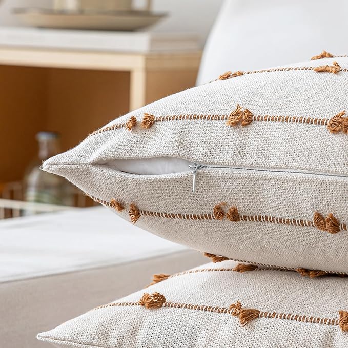 Boho Throw Pillow Covers 22x22 Set of 2 Modern Farmhouse Decorative Cushion Case Tufted Square Pillows Cover Neutral Pillow Cases Accent Pillowcase for Sofa,Couch,Bed,Beige and Brown