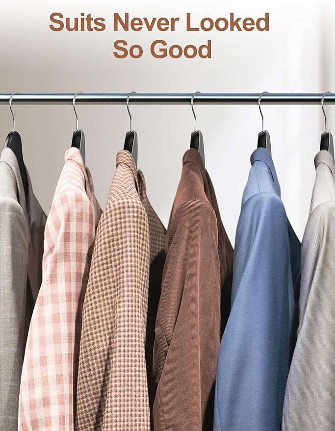 HOUSE DAY High-Grade Suit Hangers, Wide Shoulder Wooden Hangers with Non Slip Pants Bar, Smooth Finish 360° Swivel Hook Solid Wood Coat Hangers for Dress, Jacket, Heavy Clothes Hanger 6 Pack (Black)