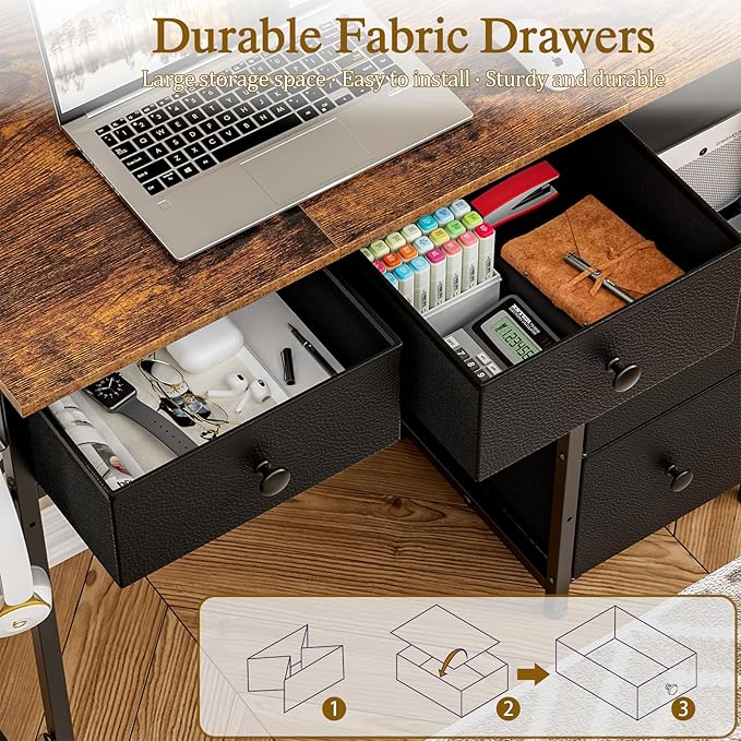 Small Computer Desk with 4 Fabric Drawers, Simple Writing Desk for Home Office, Compact Study Desks for Small Spaces, Kids Desk Study for Bedroom, Rustic Brown