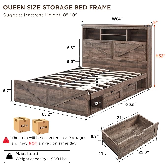 ACCOHOHO Queen Bed Frame Farmhouse with 52" Storage Bookcase Headboard, 4 Drawers Wooden Bed Frame, LED Light, Charging Station - Light Brown