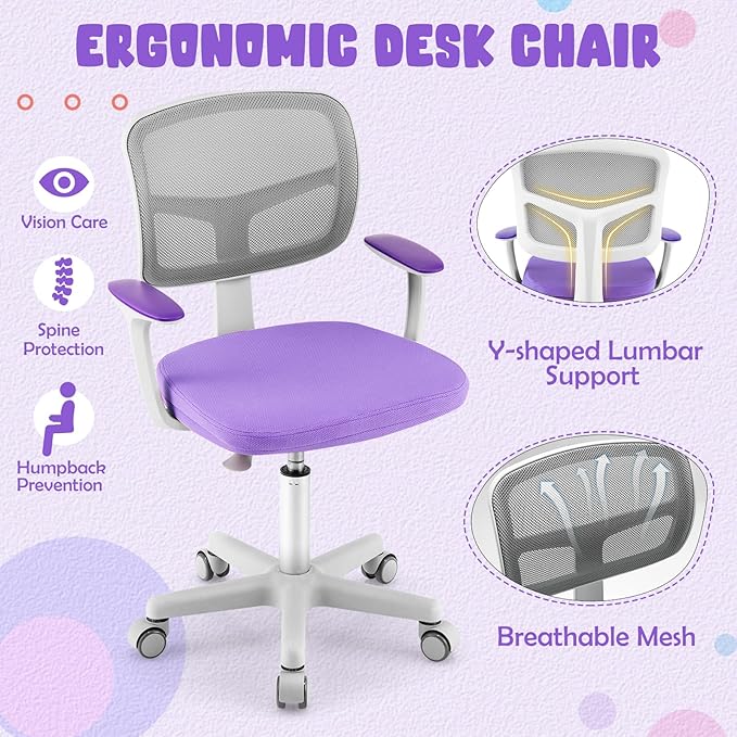 HONEY JOY Kids Desk Chair, Height Adjustable Children Study Chair, Swivel Mesh Task Student Chair, Universal Casters, Child Computer Desk Chair for Boys Girls Age 3-10 (Purple)
