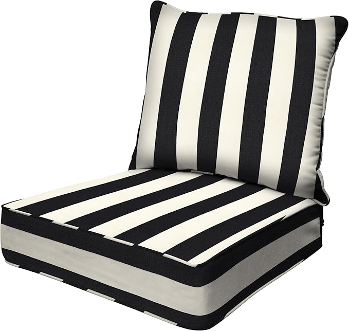 Honeycomb Outdoor Deep Seat, 24 x 23, Cabana Stripe Black & Ivory Chair Cushion for Patio Furniture