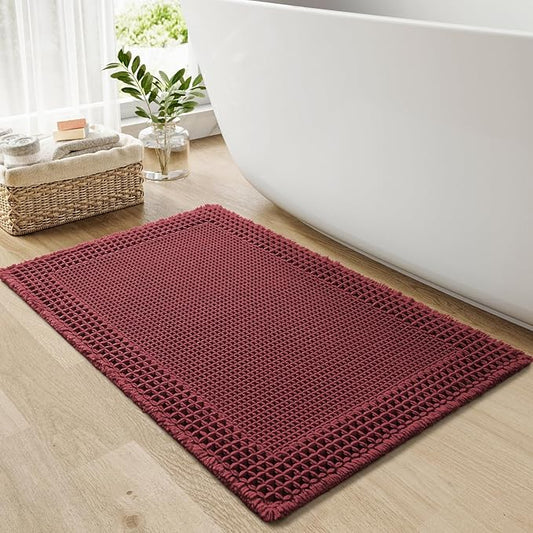 RESARE Waffle Bath Mat for Bathroom, Super Absorbent Bathroom Rugs Non Slip Machine Washable, Ultra Soft Quick Dry Boho Bath Rugs with Tassels for Floor, Upgraded Bordered Design, 17"x24" Dark Red