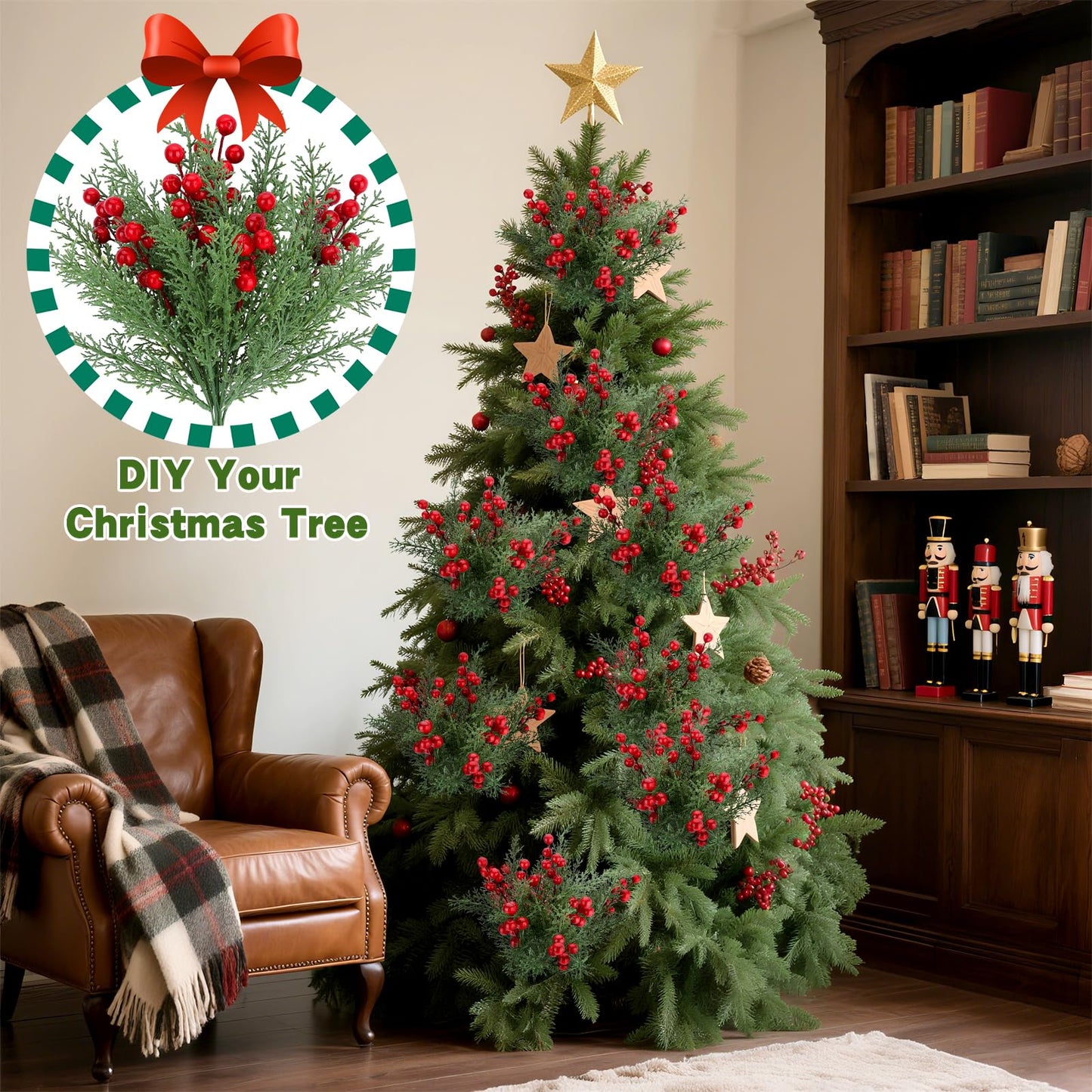 4 Bundles Artificial Christmas Flowers with Red Berry Stems, Fake Norfolk Pine Garland Branches for Winter Decor, Faux Christmas Garland Tree Picks and DIY Crafts