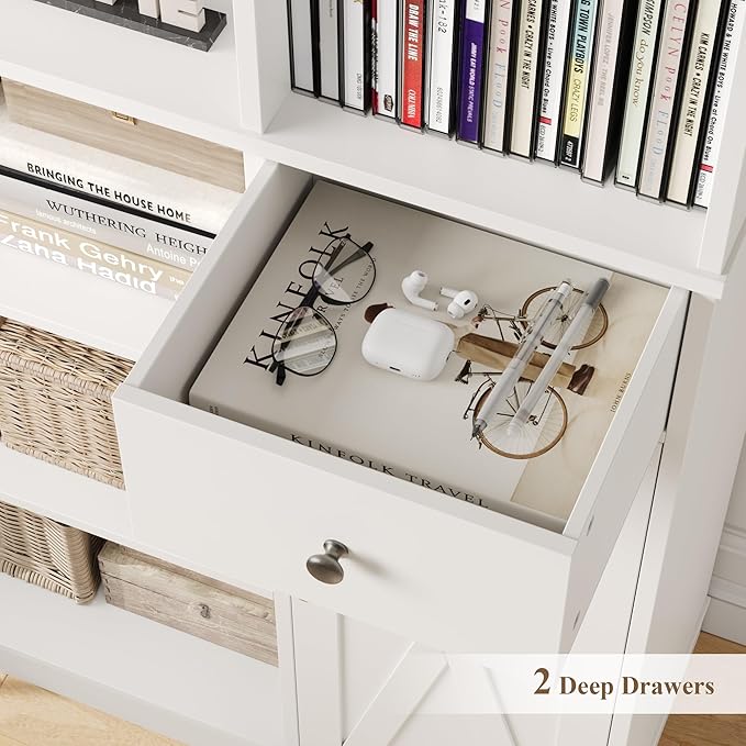 HOSTACK 74" Tall Book Shelf and Bookcase, 45" Wide Bookcase with Doors and Drawers, Modern 6 Tier Bookshelf with Storage, Large Wood Display Cabinet with Adjustable Shelves for Home Office, White