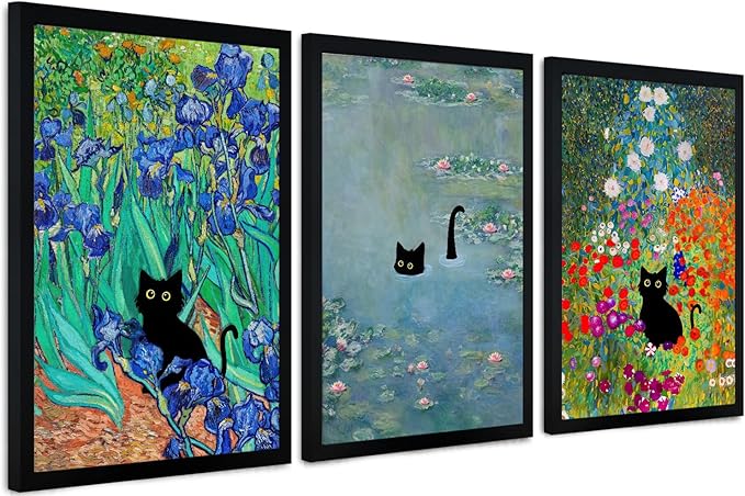 Krtoni 3Pcs Framed Black Cat Wall Art, Vintage Funny Black Cat in Water Lilies Poster Prints Paintings, Garden Flowers Cat Aesthetic Wall Decor, for Bathroom Living Room Bedroom 16" W x 24" H