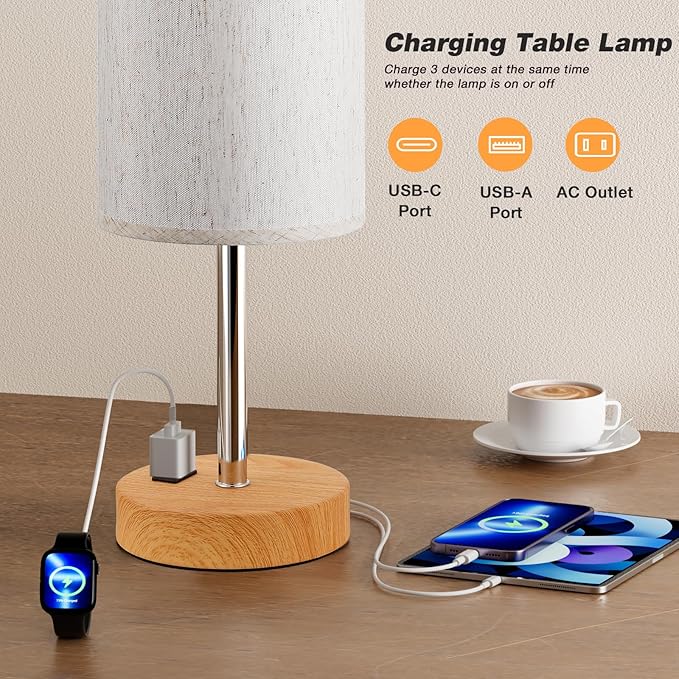 Touch Table Lamp - Cream, 3-Way Dimmable, USB A + C Charging, AC Outlet, 17.4inch Medium, Wood Grain Base