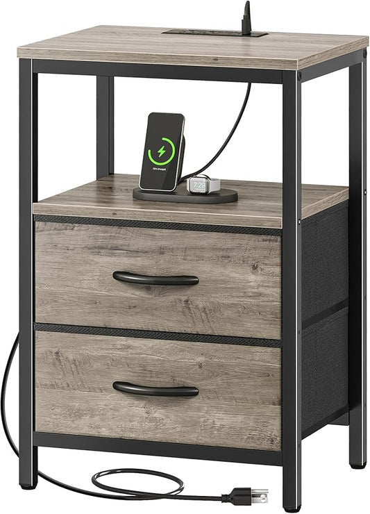 Huuger Nightstand with Charging Station, Fabric Drawers, End Table with Open Shelf, Bedside Table with USB Ports and Outlets, Night Stand for Bedroom, Oak
