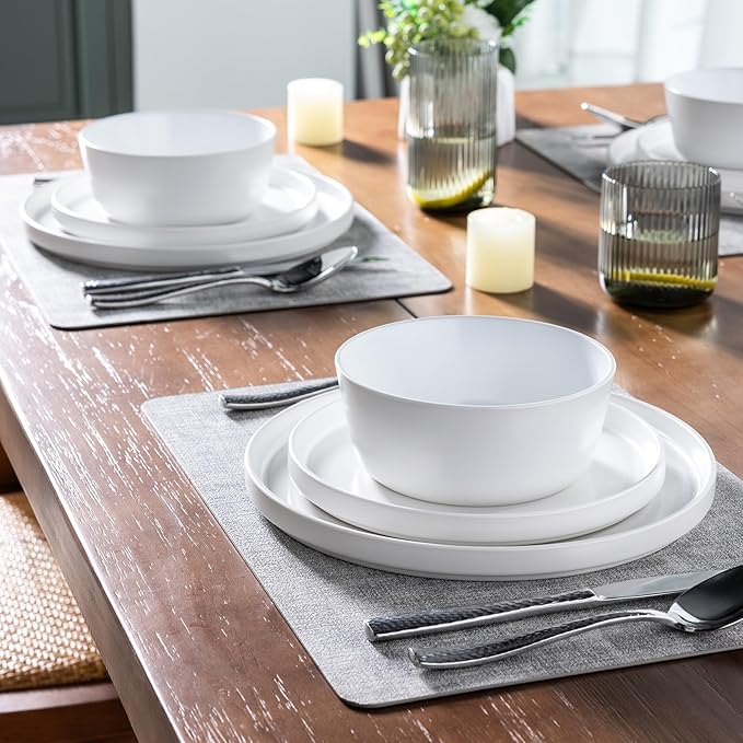 AmorArc Ceramic Dinnerware Sets for 6, Modern Flat Stoneware Plates and Bowls Sets,Chip and Crack Resistant | Dishwasher & Microwave Safe Dishes Set,Scratch Resistant- Service for 6 (18pc)-Matte White