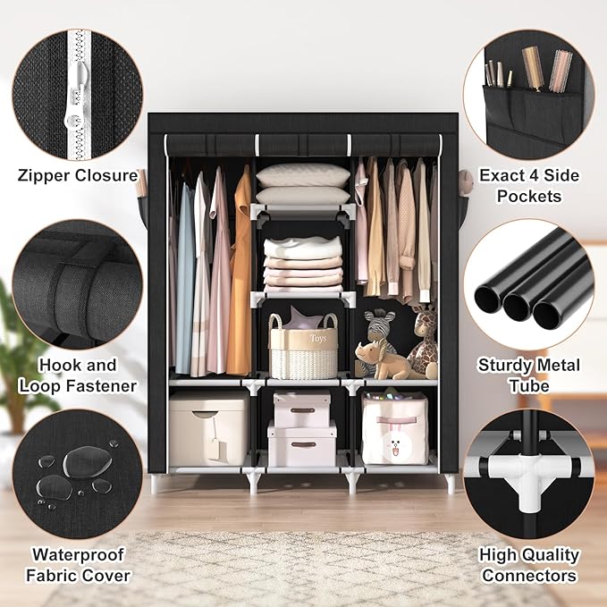 VTRIN Portable Closet, Large Capacity Portable Wardrobe with 2 Hanging Rods and 8 Storage Shelves, Sturdy Free Standing Closet Wardrobe for Hanging Clothes with Side Pockets, Black