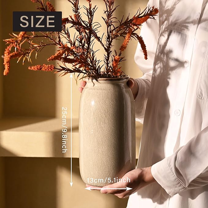 VICTOR & TERESA Rustic Large Green Vase for Home Decor, 10'' Tall Ceramic Vases for Flowers, Farmhouse Decorative Vases for Pampas Grass, Table, Mantel, Living Room, Centerpieces