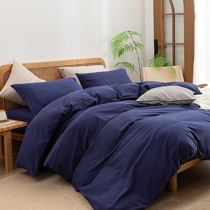 BESTOUCH Duvet Cover Set 100% Washed Cotton Linen Feel Super Soft Comfortable Chic Lightweight 3 PCs Home Bedding Set Solid Navy Blue Super King Plus
