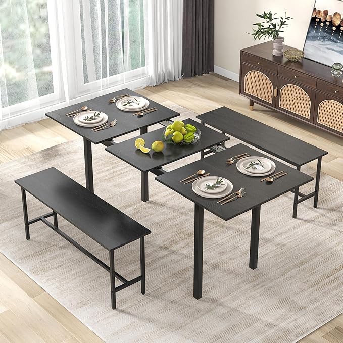 Giantex Dining Room Table Set for 4-6, 63” Extendable 3-Piece Dining Table Set with 2 Benches, Metal Frame, Dinette Table Set for Breakfast Nook, Kitchen Table Chairs (Black)