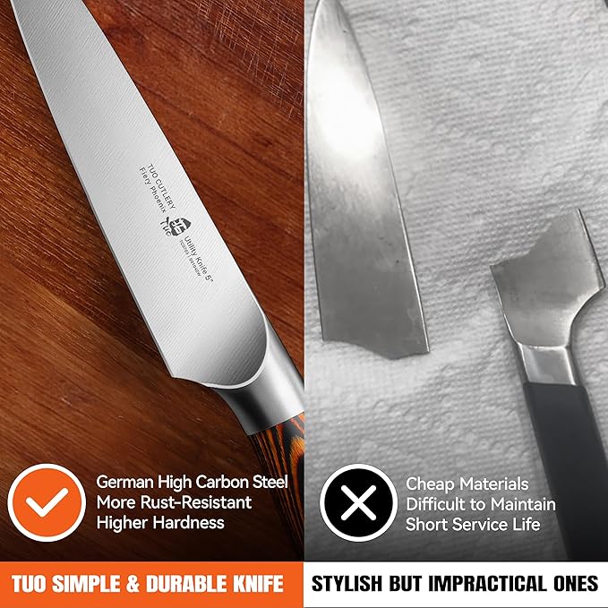TUO Utility Knife, 5 inch Small Kitchen Knife for Paring & Slicing, with Ergonomic Pakkawood Handle, High Carbon German Stainless Steel - Fiery Phoenix Series