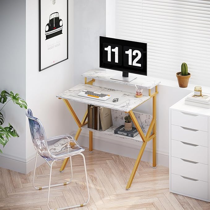 ODK Small Desk, 27.5 Inch Computer Desk for Small Spaces, Compact Desk with Storage, Tiny Study Table with Monitor Stand for Home Office, White Marble + Gold Leg