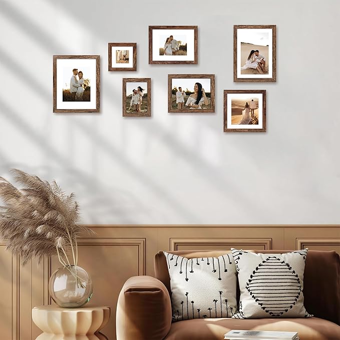 12x12 Picture Frame Set of 4 with Tempered Glass, Rustic Frame Display 10x10 Pictures with Mat or 12 x 12 Without Mat, Wood Square Photo Frames for Desktop Display and Wall Mount