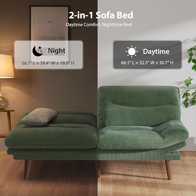 Pipishell Convertible Futon Sofa Bed,66" Corduroy Futon Couch with Adjustable Backrest and Armrests, Recliner Sleeper Sofa for Small Spaces, Play Room or Office, Green