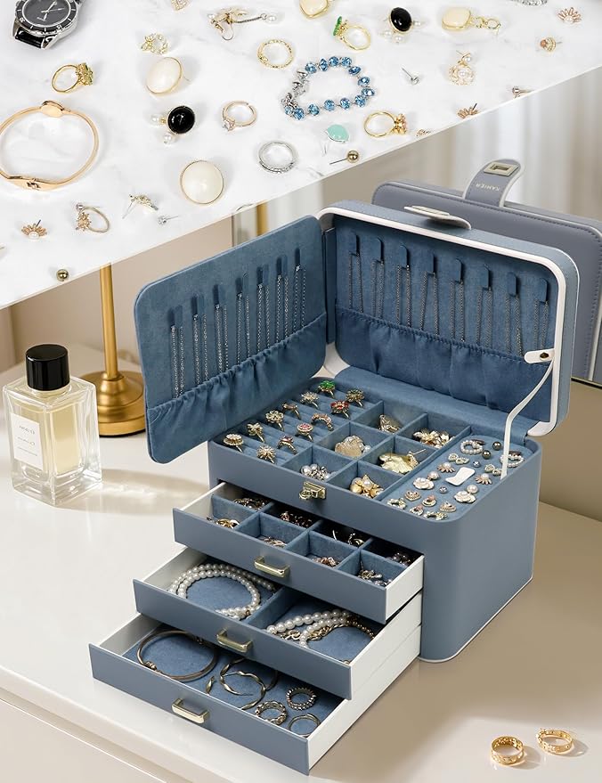 KAMIER Jewelry Boxes for Women, 4 Layer Jewelry Organizer with Mirror, 3 Drawers, Large Jewelry Box for Bracelets, Earrings, Rings, Necklaces, Mothers Day Gifts for Loved One, Bluish Grey