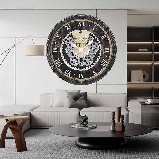 20 Inch Steampunk Wall Clock with Decorative Gears, Industrial Vintage Analog Clock for Living Room, Farmhouse, Office Decor, Silent Non-Ticking Battery Operated,Brown