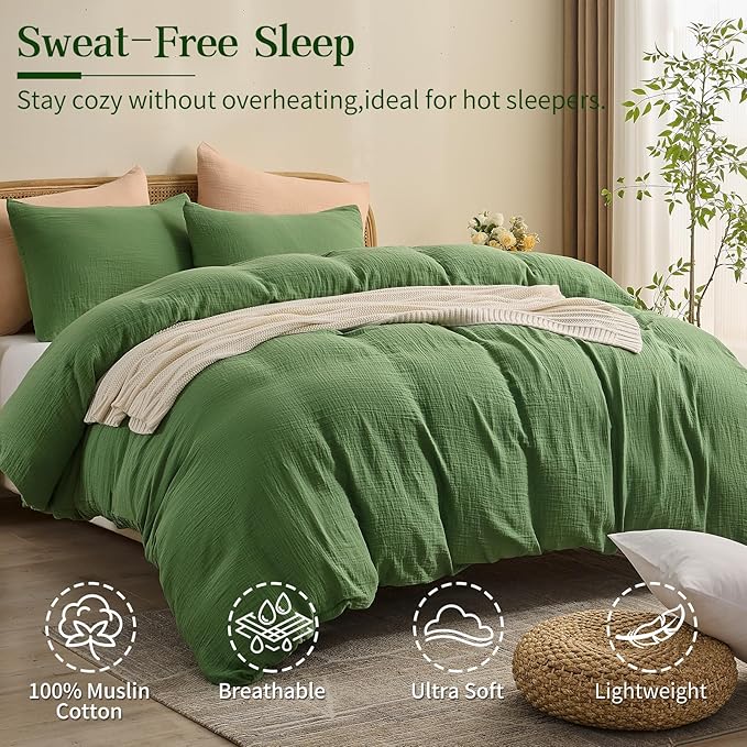 MEISHANG Muslin Duvet Cover King Size - 100% Organic Cotton, Soft Textured Gauze Weave Comforter Cover for Breathable All-Season with Zipper Closure - 3 Piece Set (King, Dusty Green)