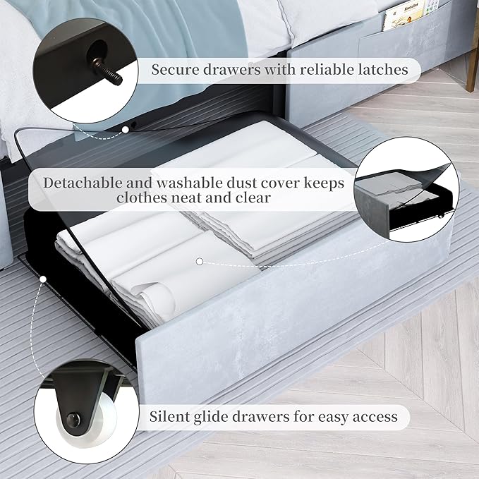 King Led Bed Frame with 2 Drawers, Modern Platform Bedframe with Adjustable Upholstered Crystal Button Tufted Headboard and Storage, No Box Spring Needed, Noise-Free, Easy Assembly, Velvet Grey