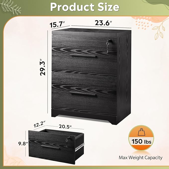 DEVAISE 2-Drawer Wood Lateral File Cabinet with Lock for Office Home, Black