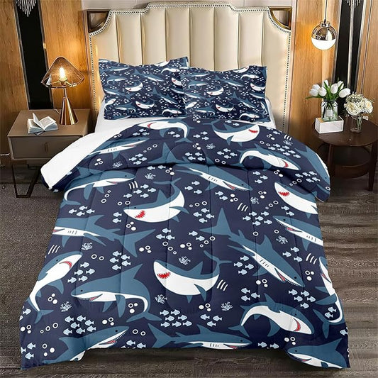 Shark Bedding Set for Boys Bedroom - 3Pcs Full Size Cartoon Sharks Comforter Set for Boys Kids Drak Blue Sea Animal Theme Bedding Set for Kids Room Decor Sharks Pattern Comforter with 2 Pillowcases