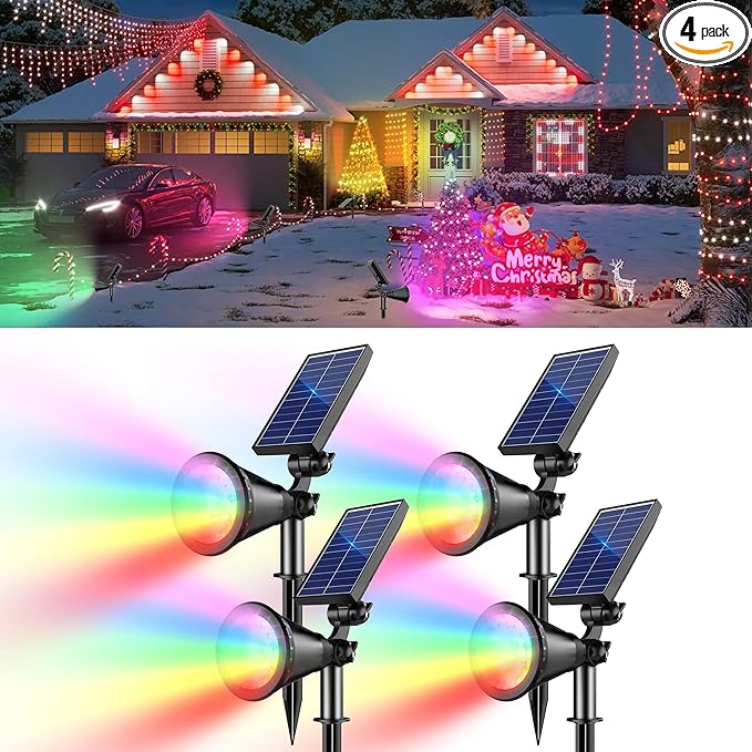 Solar Color Changing Lights, 2 Modes Solar Spotlights Outdoor Waterproof, Adjustable Outdoor Lights for Outside Yard Garden Landscape Pathway Tree Decorations- 4 Pack (Multicolor)