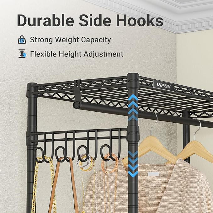 VIPEK R3 Plus Rolling Clothes Rack with Locking Wheels, Portable Closet for Hanging Clothes Heavy Duty Garment Rack with Adjustable Shelves and Side Hooks, Metal Wardrobe for Home Storage, Black