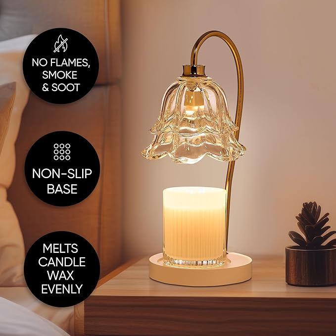 Sheffield Home Glass Candle Warmer Lamp – 15" White, Clear Floral Glass Shade, Elegant Flameless Wax Melter for Long-Lasting Fragrance, Stylish Home Décor